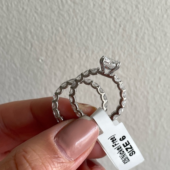 2.00ct Round CZ Engagement and Wedding Band Set, Eternity Band Sterling Silver - Picture 4 of 8